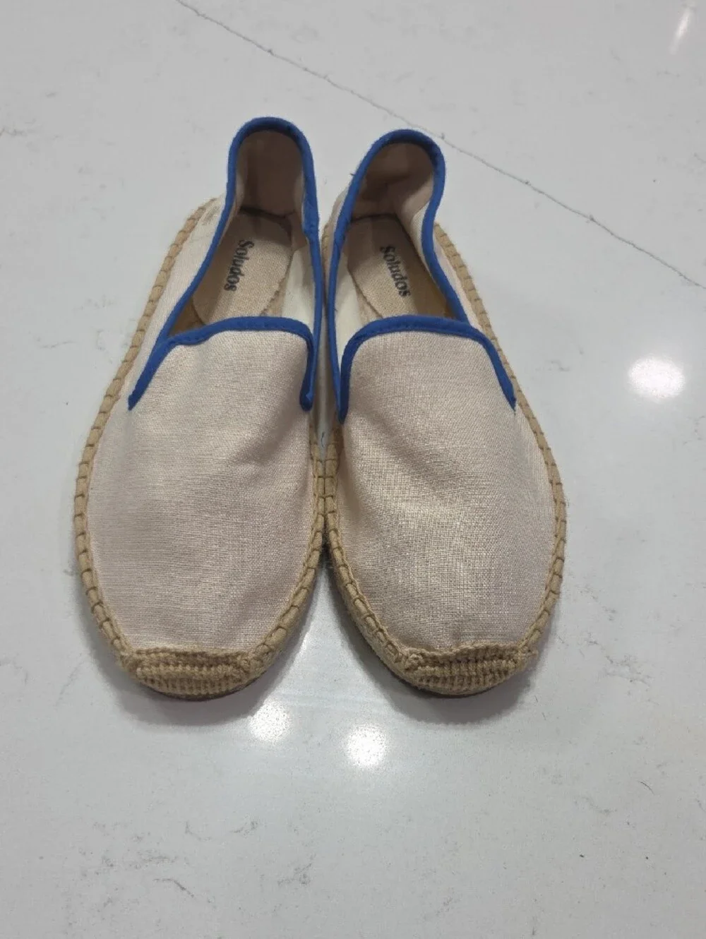 Soludos Cream Espadrilles with Blue Trim Sz8 Gentle Used